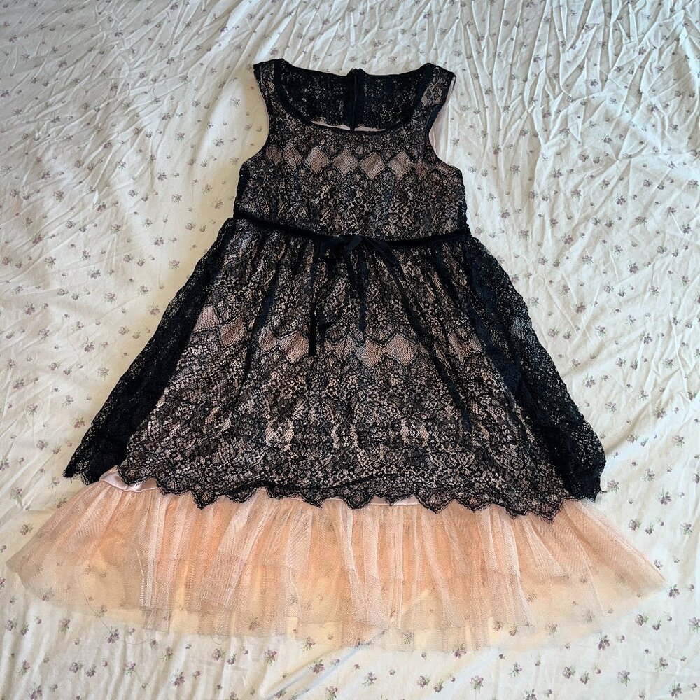 Babydoll Dress Black Lace Peachy Pink Tulle Bow RED Valentino Size Small Twee